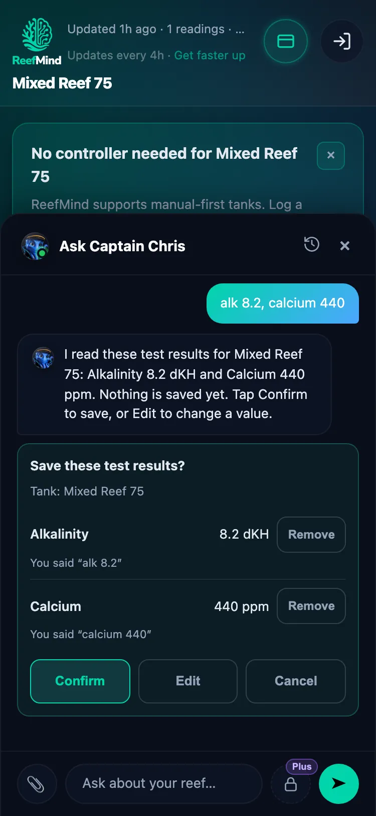 Captain Chris on a phone: the reefer says “alk 8.2, calcium 440” and Captain Chris shows a Save these test results card with Confirm, Edit, and Cancel