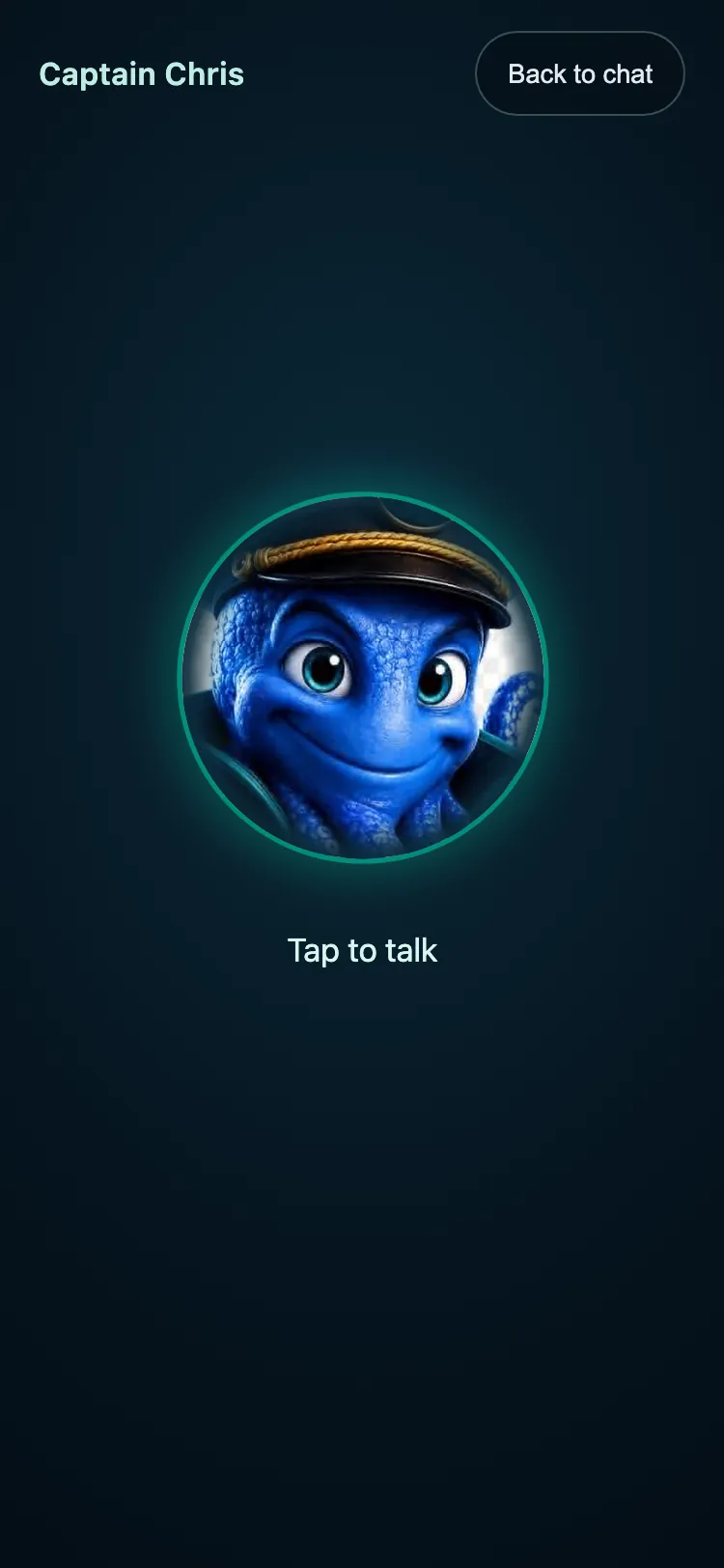 The Captain Chris voice screen on a phone, with his picture in a large circle and Tap to talk underneath.