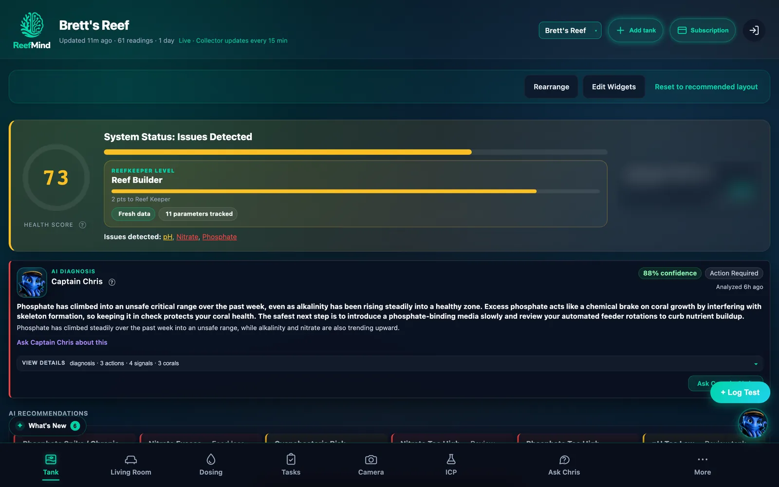 The ReefMind.ai Tank tab for Brett's Reef on a computer: live Collector readings, a health score of 73 with pH, nitrate and phosphate flagged, a Captain Chris AI diagnosis about rising phosphate, and tabs for Dosing, Camera, ICP and Ask Chris along the bottom.