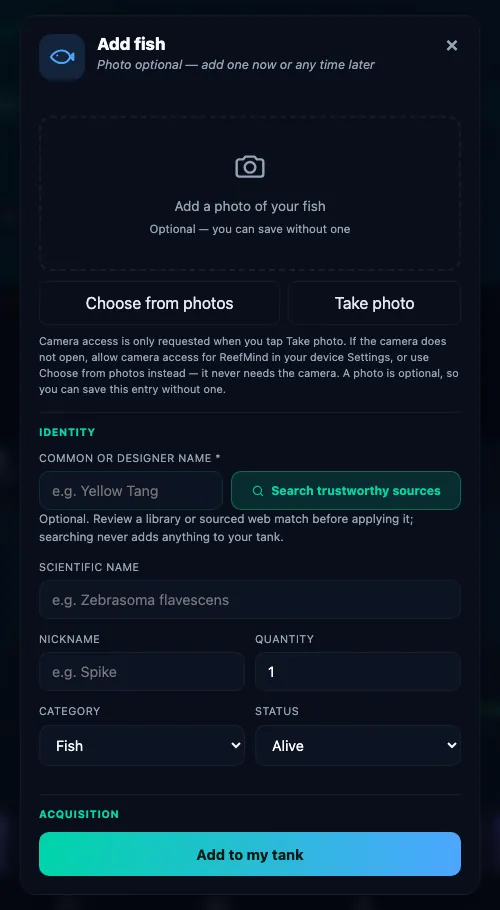 The Add fish form with an optional photo, common name, scientific name, nickname, quantity, category and status fields, and an Add to my tank button.