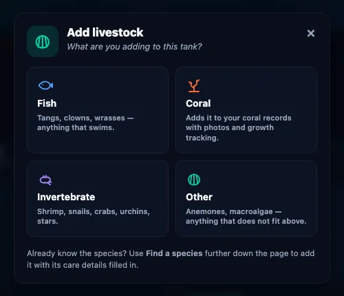 The Add livestock dialog asking what you are adding, with Fish, Coral, Invertebrate and Other choices.
