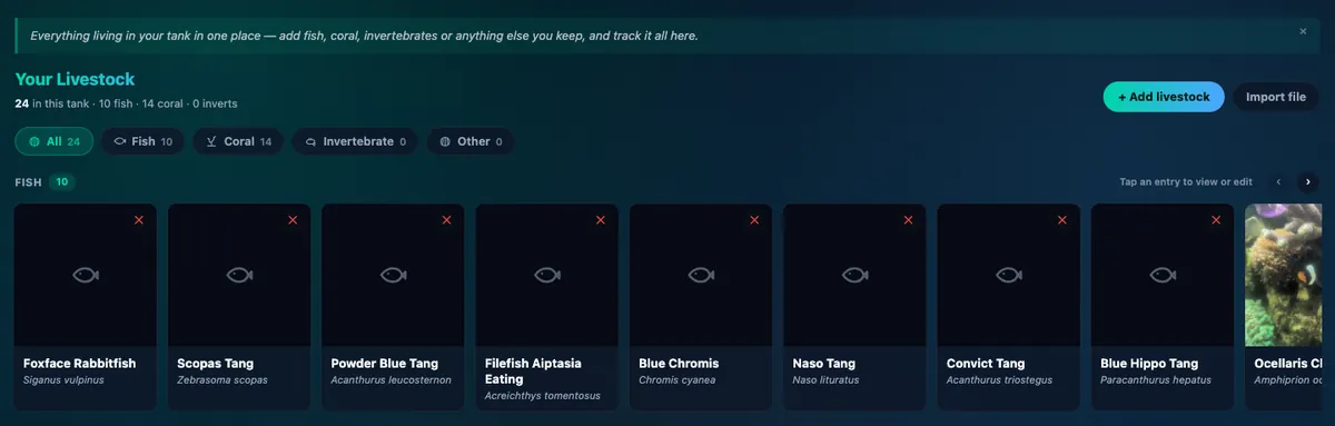 The Your Livestock page listing 24 animals in the tank, with filters for Fish, Coral, Invertebrate and Other and the + Add livestock button.