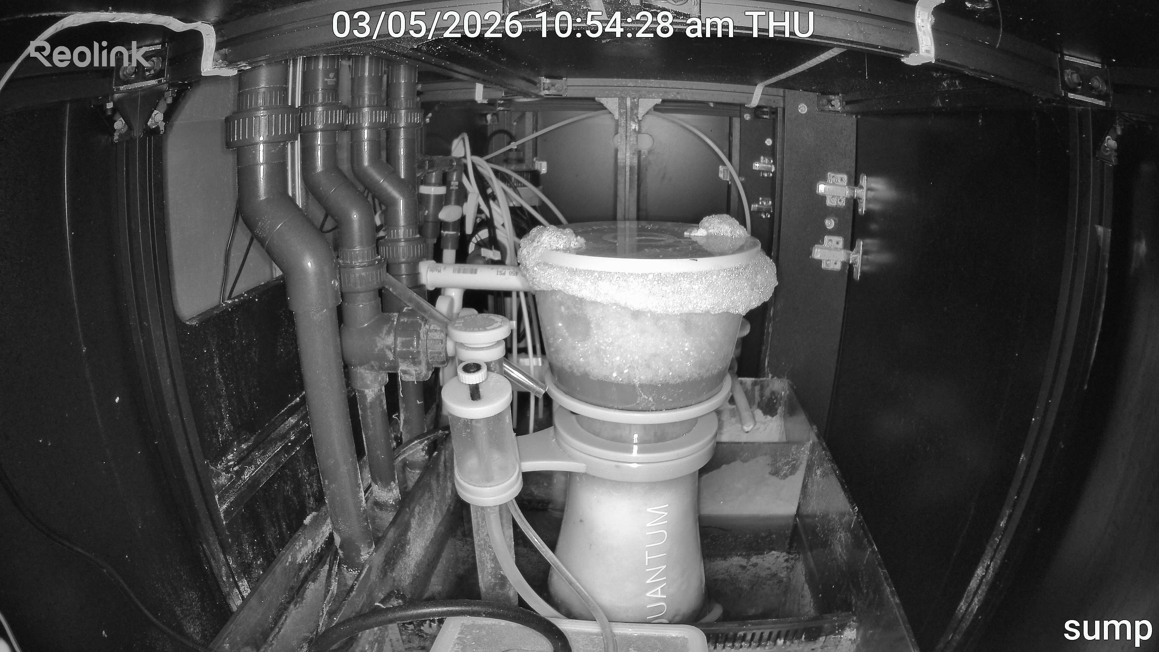 Wide infrared frame from a real live sump camera showing plumbing and the protein skimmer