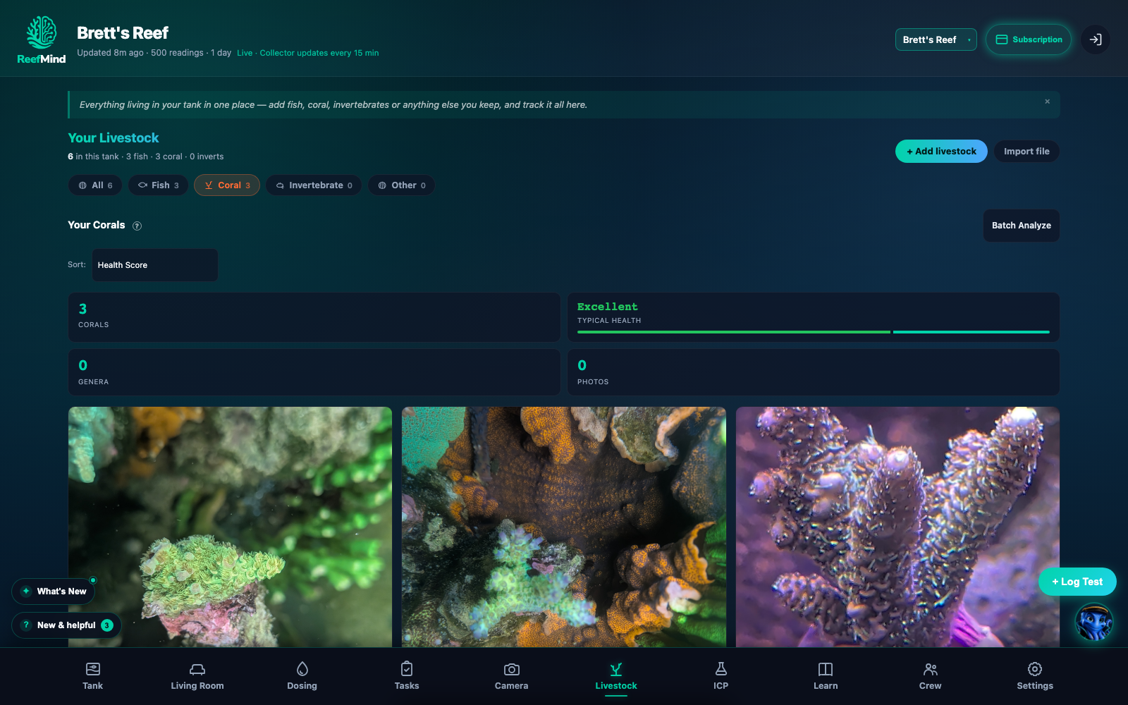 Brett’s Reef Livestock tab with the Coral filter active, showing three coral records with photos, health summary, sorting, and Batch Analyze