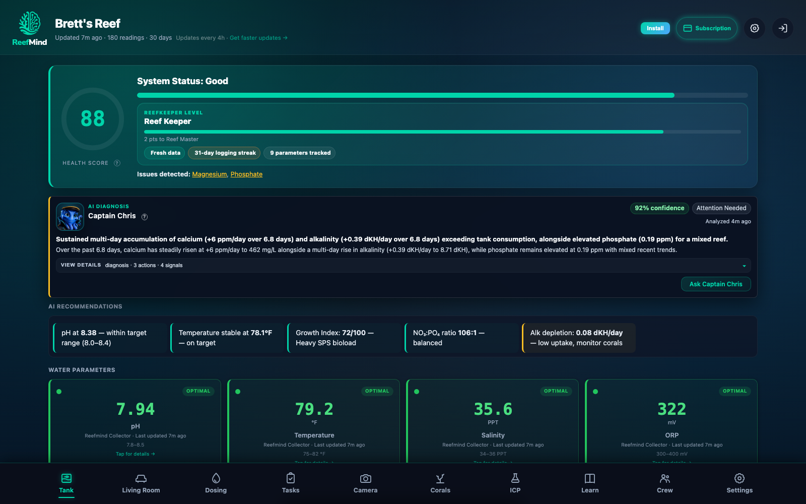 Full ReefMind production demo Tank dashboard showing reef health, readings, trends, and tank context