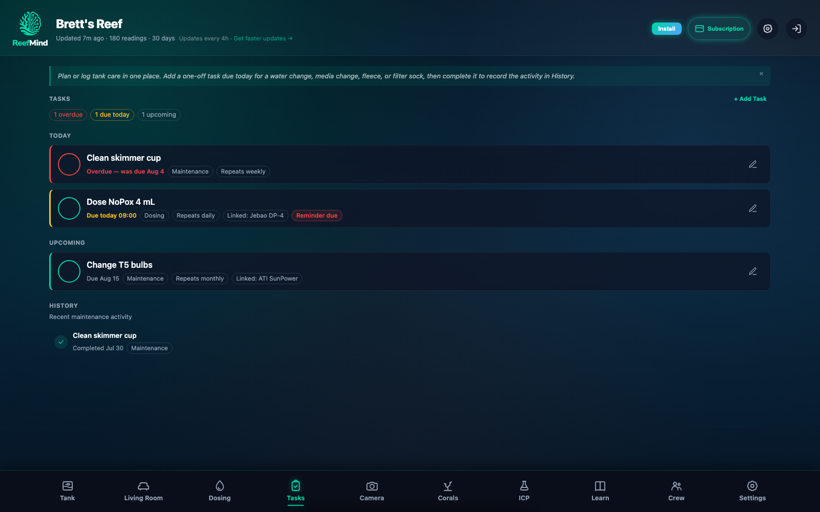 Full ReefMind production demo on the Tasks tab, showing overdue, due-today, upcoming, and completed reef-care work