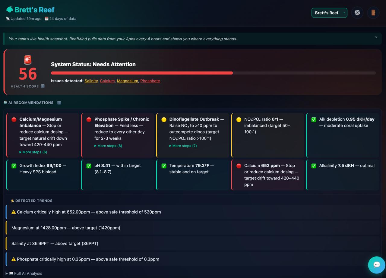 ReefMind dashboard preview with reef monitoring cards